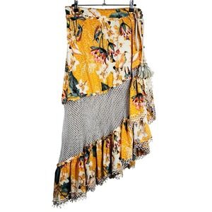 Anthropologie Z & L Tropical Asymmetric Ruffle Net Midi Skirt L Orange Bohemian